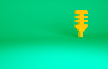 Orange Microphone icon isolated on green background. On air radio mic microphone. Speaker sign. Minimalism concept. 3d illustration 3D render.