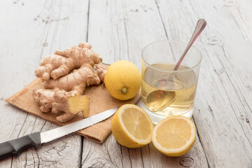 Healthy herbal tea with ginger and lemon