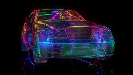 Glass car with neon lighting. The edges of the car are highlighted