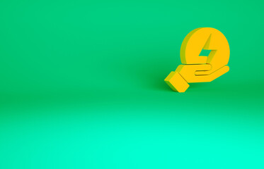 Orange Lightning bolt icon isolated on green background. Flash sign. Charge flash icon. Thunder bolt. Lighting strike. Minimalism concept. 3d illustration 3D render.