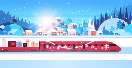 red train delivering gifts merry christmas happy new year holidays celebration express delivery concept winter landscape background greeting card horizontal vector illustration © mast3r