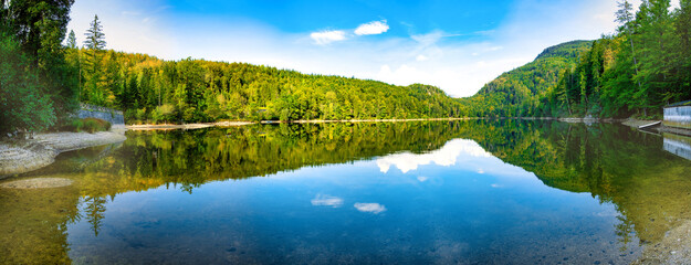 Nussensee lake in Upper Austria located near Bad Ischl in the Salzkammergut - wide panoramic view.