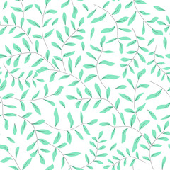 Naklejka na ściany i meble Delicate mint green branches and leaves seamless pattern. Hand drawn background for wrapping scrapbooking paper banner. Scandinavian style. Stock vector flat illustration isolated on white.