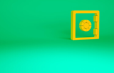 Orange Safe icon isolated on green background. The door safe a bank vault with a combination lock. Reliable Data Protection. Minimalism concept. 3d illustration 3D render.