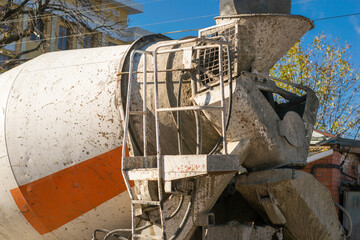 concrete mixer truck drives down the street concrete mixer centrifuge close up