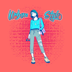 Stylish young girl on the wall background. Poster with lettering in the style of graffiti 