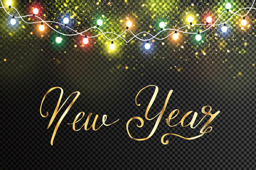 Glowing Christmas lights. Garlands, Christmas decorations lights effects. Happy New Year.