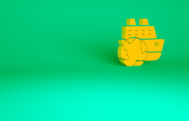 Obraz premium Orange Cruise ship icon isolated on green background. Travel tourism nautical transport. Voyage passenger ship, cruise liner. Worldwide cruise. Minimalism concept. 3d illustration 3D render.