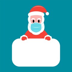 Santa Claus in protective facemask holding white board. Vector illustration
