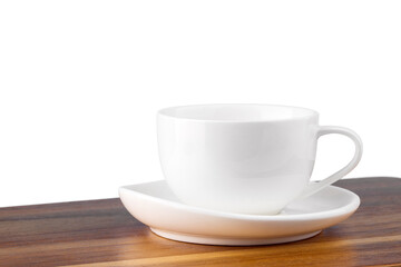 white coffee Cup and saucer on a wooden Board, isolate