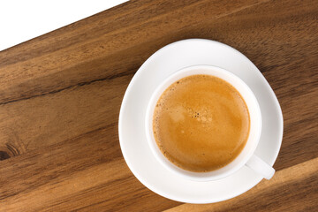 white coffee Cup and saucer on a wooden Board, isolate