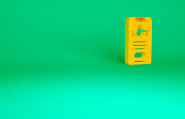 Orange Smartphone with electronic boarding pass airline ticket icon isolated on green background. Passenger plane mobile ticket for web and app. Minimalism concept. 3d illustration 3D render.