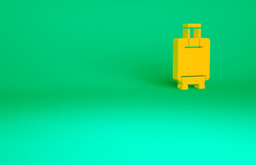 Obraz premium Orange Suitcase for travel icon isolated on green background. Traveling baggage sign. Travel luggage icon. Minimalism concept. 3d illustration 3D render.
