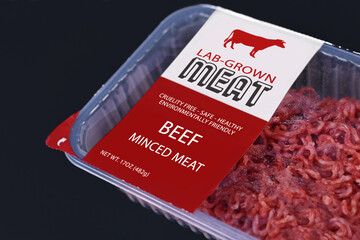 Lab grown cultured meat concept for artificial in vitro cell culture meat production with packed...