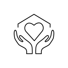 Hands holding a house symbol with a heart icon on a white background. Modern vector design for web, infographics, mobile apps