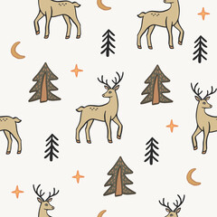 Cute seamless pattern with deers in forest in cartoon style. Vector modern illustration