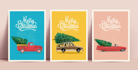 Christmas posters or cards set with cartoon retro cars with christmas tree on board with Merry Christmas lettering on colored backgrounds. Vector illustration
