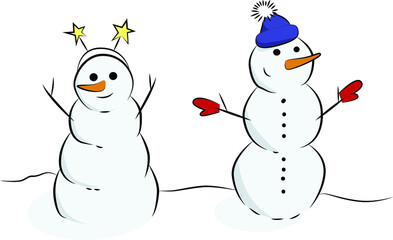 Two snowmen. Cheerful snowmen. Winter symbol. Merry winter time.