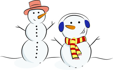 Two snowmen. Cheerful snowmen. Winter symbol. Merry winter time.