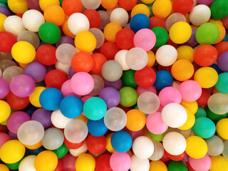 Colored balls. bright background colors. Top view of many colorful balls in the ball pool on the indoor Playground. Texture. Background.