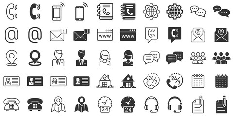 Contact icon set in flat style. Phone communication vector illustration on white isolated background. Website equipment business concept.