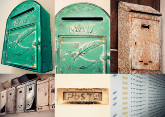A composition of many old rusty mailboxes, with a different one, the last, being the screen of a computer monitor filled with spam mail.
