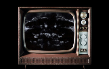 The radiography of a kid's mouth, seen inside the screen of an old retro TV set.
