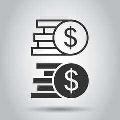 Coins stack icon in flat style. Dollar coin vector illustration on white isolated background. Money stacked business concept.