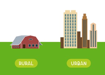 RURAL and URBAN antonyms word card vector template. Flashcard for english language learning. Opposites concept. Rustic barn and high-rise buildings