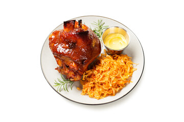 Roasted pork knuckle with braised boiled cabbage isolated on white background. 