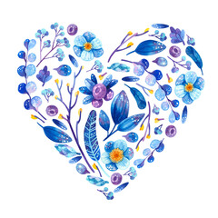 Blue and purple cosmic plants heart shaped. Feathers, flowers, leaves, berries with symbols of stars. Hand drawn watercolor illustrations. Clipart for Valentines day postcard, banner design element. © Valin Malin