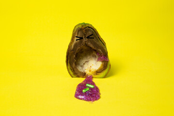 Social problem drug addiction, rotten avocado, pills