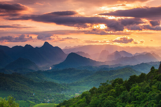Beautiful sunset on high mountain in Mae Moei National park, Tak province, Thailand.