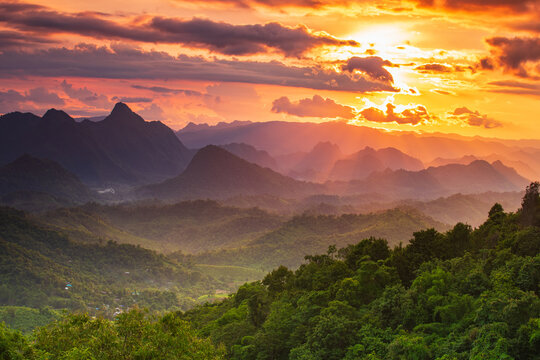 Beautiful sunset on high mountain in Mae Moei National park, Tak province, Thailand.
