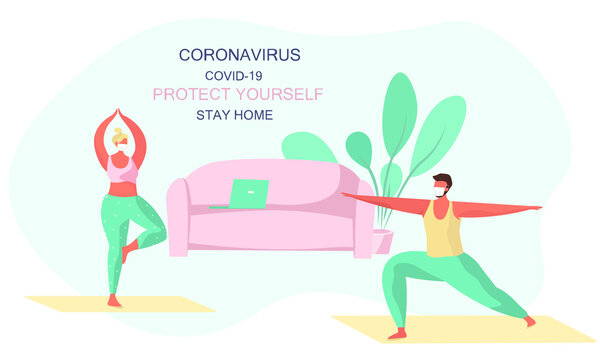 Stay Home Stay Safe.Yoga Time.Family in Medical Mask Keeping Distance for Decrease Infection Risk For Prevent Virus Covid-19.Stay Home on Quarantine During the Coronavirus Epidemic.Vector Illustration