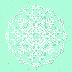 Mandala, lace paper doily, embossed pattern, 3D, round element. Paper cut out design, laser cut template. Vintage lace doily with border. Floral round napkin for your design.