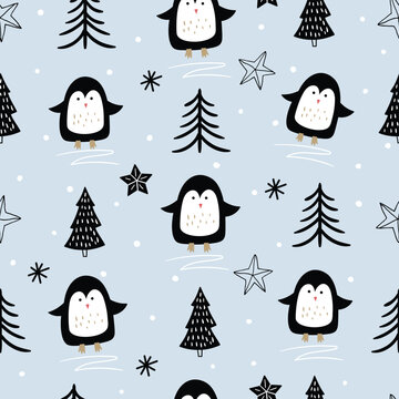 Winter seamless pattern with cute penguins, modern seasonal design