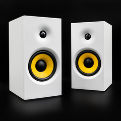 White speakers with yellow speaker membrane on black background. 
