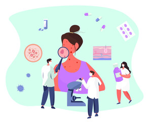 Skin Disease and Pimples.Diagnostics Dermatology.Skin Treatment.Allergy Symptoms or Chicken Pox Varicella with Itching.Doctor with Medical Equipment Looking on Pimples at Character.Vector Illustration