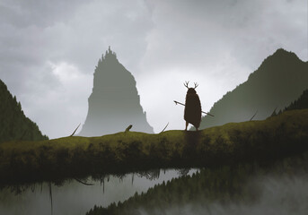 a tribal warrior watching a castle in the forrest with his spear - obrazy, fototapety, plakaty