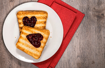 Toast with jam for your beloved sandwiches with hearts. Valentine's Day
