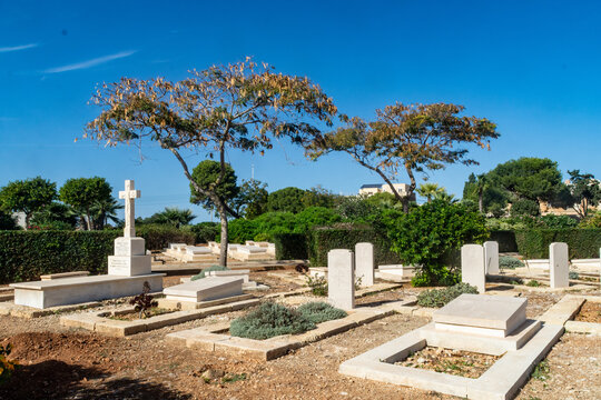 Kalkara, Malta - October 16th 2020: The Capuccini Naval Cemetery is the final resting place of over 1,000 casualties from the two World Wars alongside many more civilian memorials.