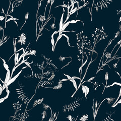 Illustration, pencil. A pattern of leaves and branches of plants, birds. Freehand drawing of flowers on a blue background.