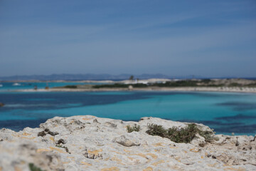 Fototapeta na wymiar a bay with brilliant blue water from formentera a small island near ibiza 