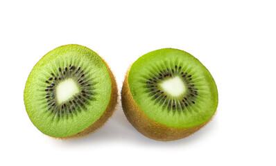 Fototapeta premium Ripe whole kiwi fruit and half kiwi fruit isolated on white background.