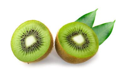 Ripe whole kiwi fruit and half kiwi fruit isolated on white background.