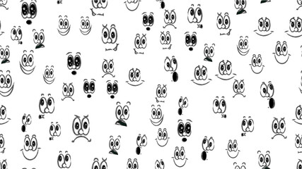 Texture seamless pattern of various black and white emotions: joy, smile, anger, delight, discontent, playfulness, fun, surprise, pleasure. A set of people with children's emotions. 