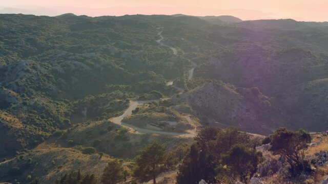 Sunset seen from Pantocrator mountain. Beautiful landscape of Corfu Mountains, Greece.