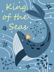 Poster with a cute blue whale - vector illustration, eps