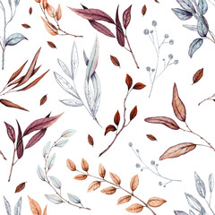 Seamless Pattern of Watercolor Leaves and Herbs